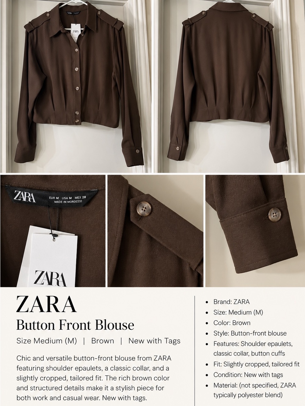 ZARA Dark Brown Button-Up Blouse with Shoulder Epaulets
